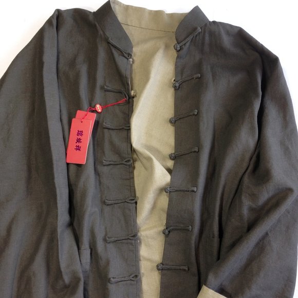Mens Chinese Tang Jacket Linen Viscose Reversible Green Beige NEW WITH TAGS 2XL - Picture 1 of 11